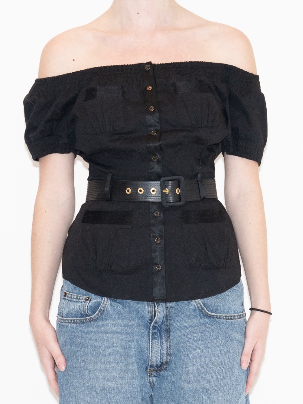 BEBE Y2k black off the shoulder blouse silk lining belted size small
